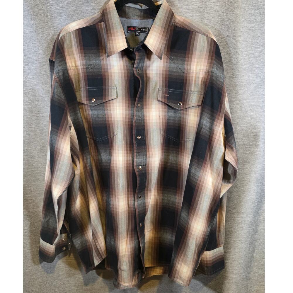 Roper Mens Long Slve. Pearl Snap Button Shirt Sz 2XL Black-Brown Plaid/Western